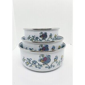 Vintage Kobe Nesting Bowls Mixing Enamel Metal Kitchen Folk Art Nouveau Bird